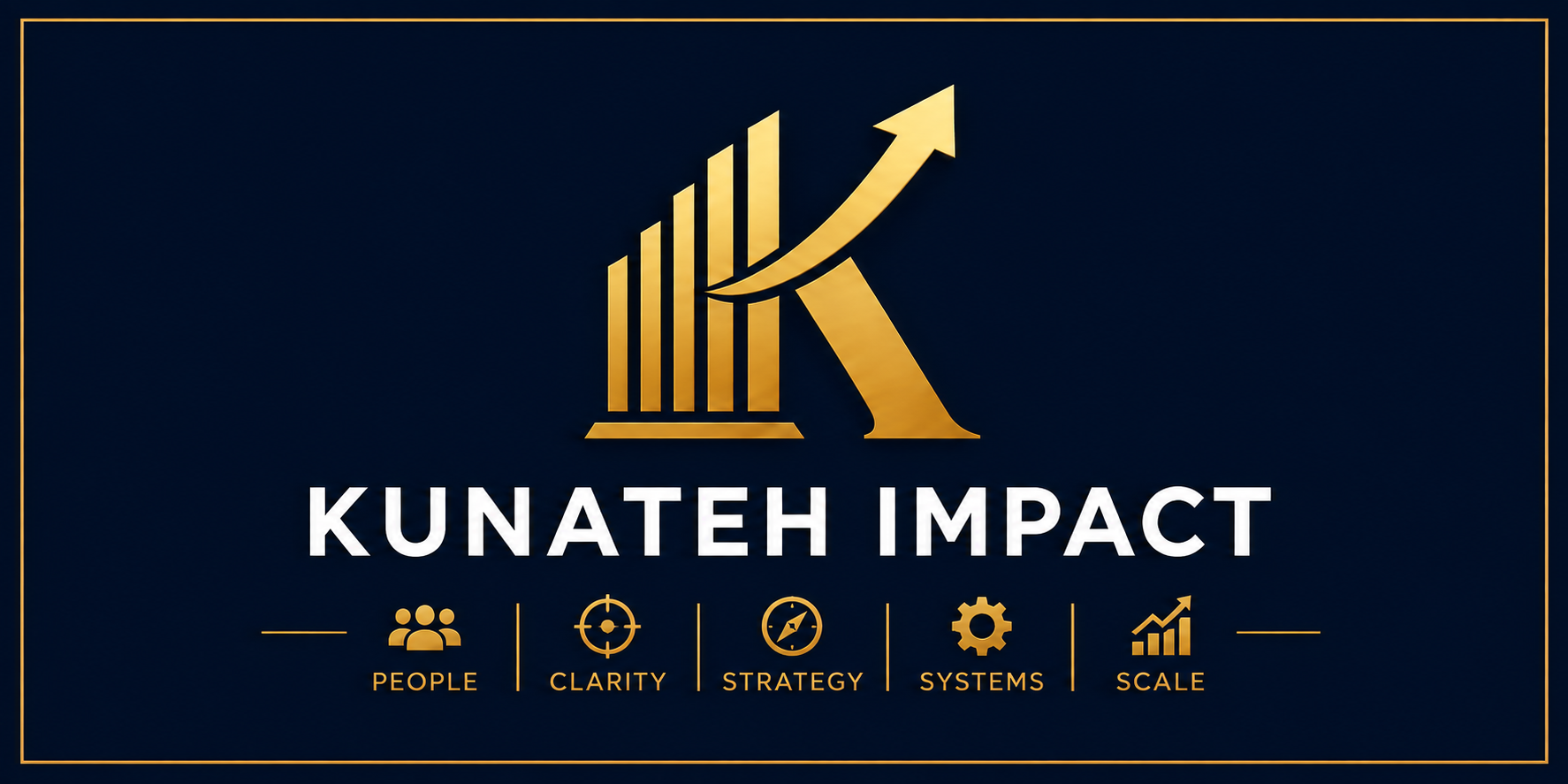 Kunateh Impact logo — a gold K-shaped growth mark above the KUNATEH IMPACT wordmark on a navy background, with the People, Clarity, Strategy, Systems and Scale pillars beneath it